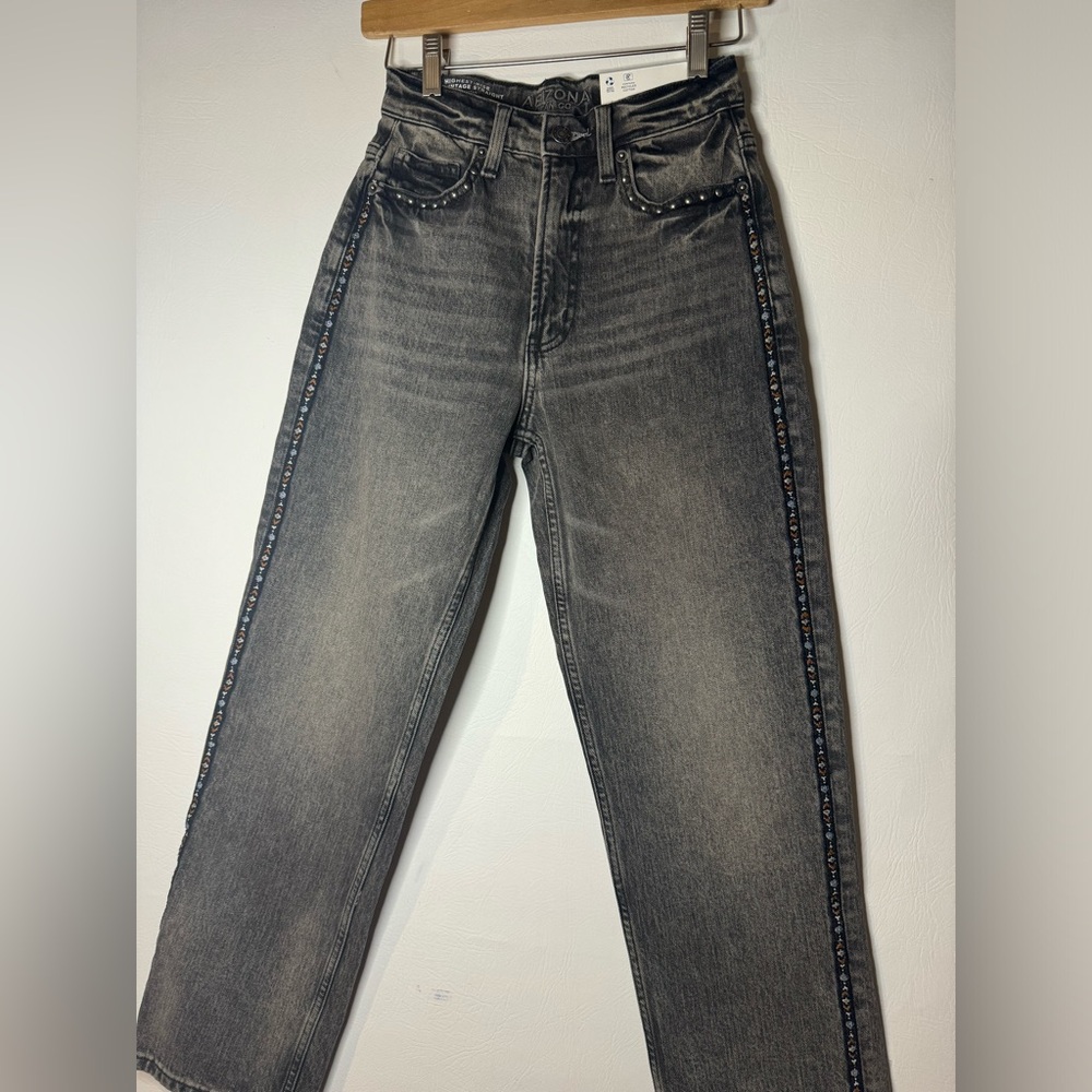 Arizona Jeans Highest Rise Vintage Straight Leg Embroidered Gray Jeans SZ 1 NWT